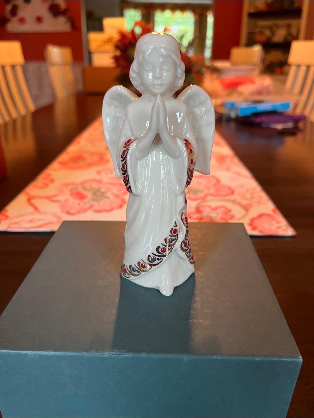 Ceramic Praying Angel Sculpture in White with Red and Gold Accents